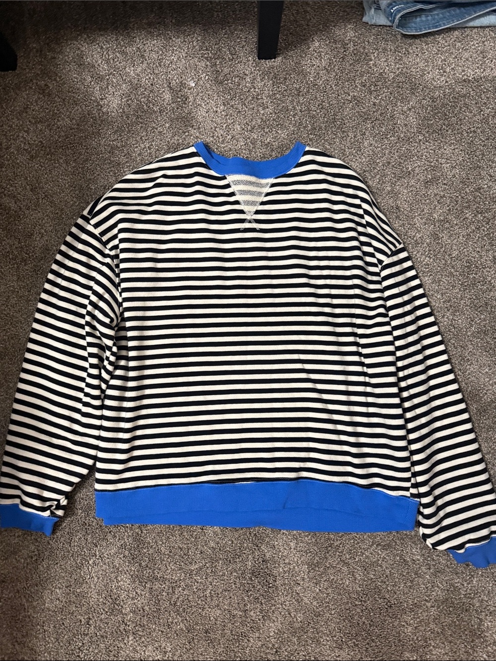 We The Free Black & White Striped Crewneck Sweater with Blue Trim